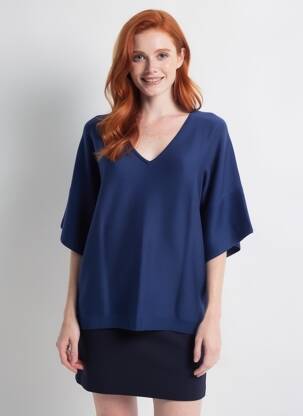 Pull col v manches courtes bleu B.YOUNG femme