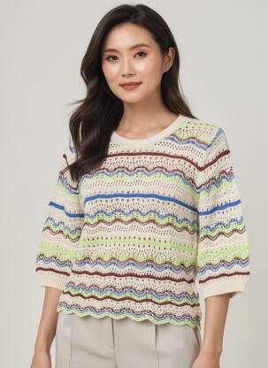 Pull maille ajourée manches 3/4 beige JULIE GUERLANDE femme