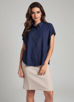 Chemisier tissage crêpe manches courtes bleu GRACE & MILA femme