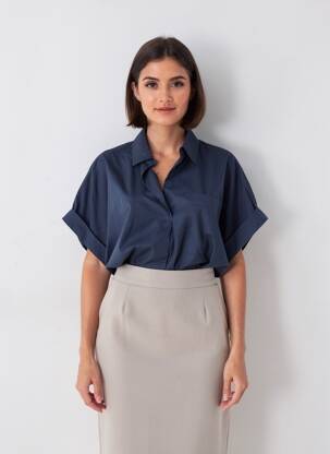 Blouse tissage popeline manches courtes bleu GRACE & MILA femme
