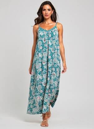 Robe longue coupe évasée fines bretelles vert LOLA ESPELETA femme