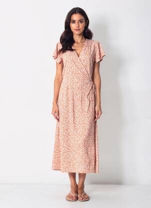 Robe longue imprimé fantaisie manches courtes orange BATELA femme