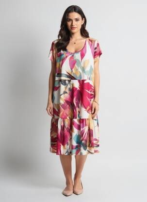 Robe mi-longue imprimé fleurs manches courtes rouge GENUINE femme