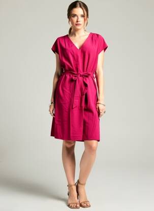Robe mi-longue tissage crêpe manches courtes rose GRACE & MILA femme