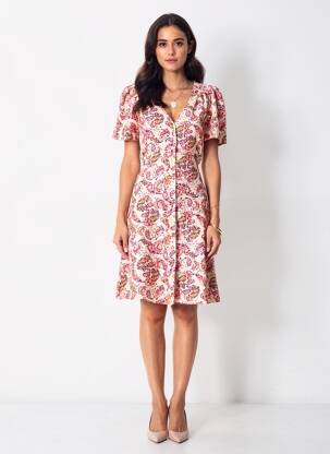 Robe mi-longue imprimé fleurs manches courtes beige GRACE & MILA femme