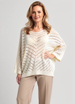 Pull maille ajourée manches 3/4 beige QUATRE VINGT JOURS femme