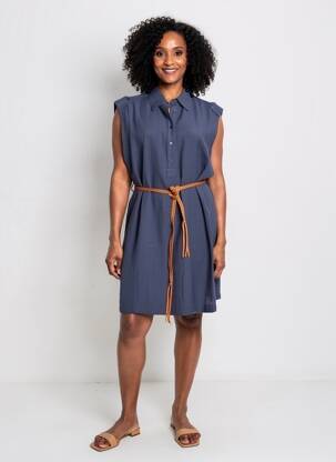 Robe mi-longue tissage crêpe manches courtes bleu MOLLY BRACKEN femme