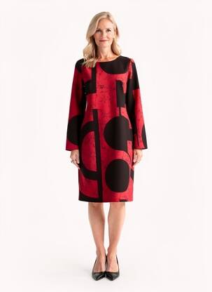 Robe mi-longue imprimé fantaisie manches longues rouge FRANCE RIVOIRE femme