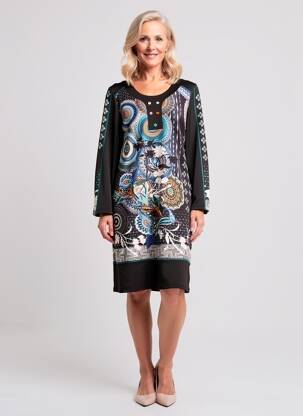 Robe mi-longue imprimé fantaisie manches longues noir GUY DUBOUIS femme