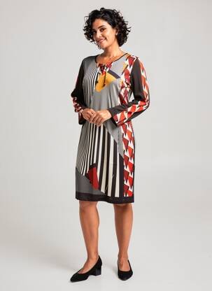 Robe mi-longue imprimé fantaisie manches longues noir GUY DUBOUIS femme