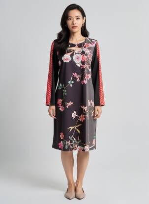 Robe mi-longue imprimé fleurs manches longues noir FRANCE RIVOIRE femme