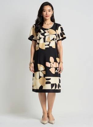 Robe mi-longue imprimé fantaisie manches courtes noir FRANCE RIVOIRE femme