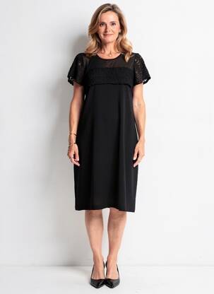Robe mi-longue tissage crêpe manches courtes noir MERI & ESCA femme