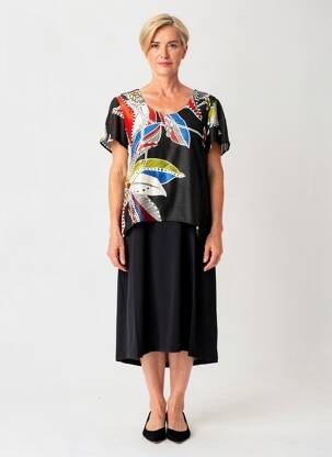Robe mi-longue imprimé fantaisie manches courtes noir MERI & ESCA femme