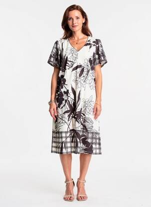 Robe mi-longue imprimé fleurs manches courtes blanc GUY DUBOUIS femme