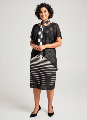 Robe mi-longue imprimé fantaisie manches courtes noir GUY DUBOUIS femme