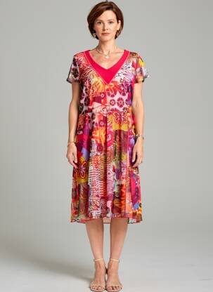 Robe mi-longue imprimé fleurs manches courtes rouge GUY DUBOUIS femme