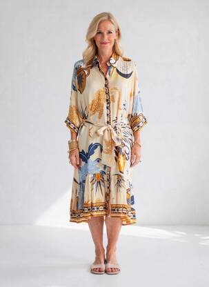 Robe mi-longue coupe fluide manches 3/4 beige LESLIE femme