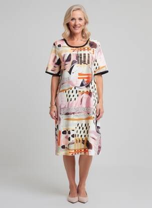 Robe mi-longue imprimé fantaisie manches courtes noir DOLCEZZA femme