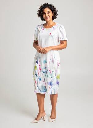 Robe mi-longue imprimé fleurs manches courtes blanc DOLCEZZA femme