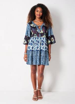 Robe courte imprimé fleurs manches 3/4 bleu DRESS ADDICT femme