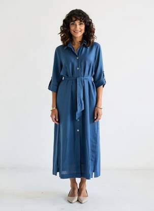 Robe longue tissage crêpe manches 3/4 bleu ELEONORA AMADEI femme
