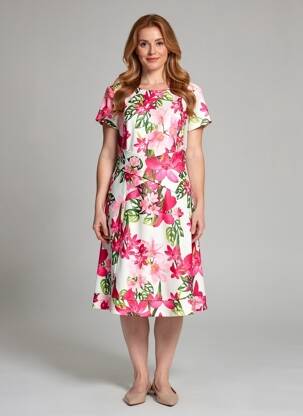 Robe mi-longue imprimé fleurs manches courtes rose JOSEPH RIBKOFF femme