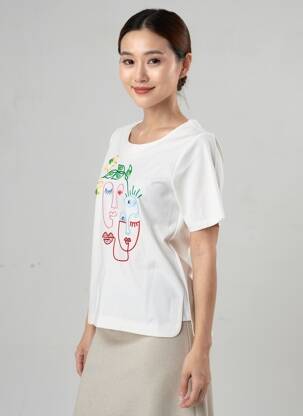 T-shirt sérigraphie manches courtes beige LEO & UGO femme