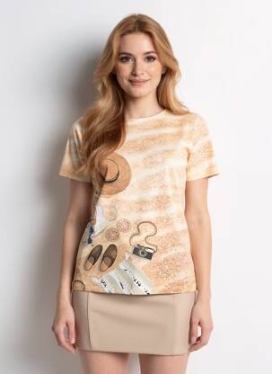 T-shirt imprimé fantaisie manches courtes beige LEO & UGO femme