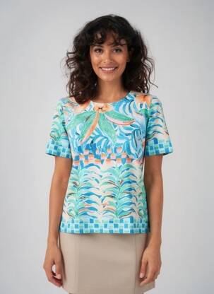 T-shirt imprimé fantaisie manches courtes bleu LEO & UGO femme