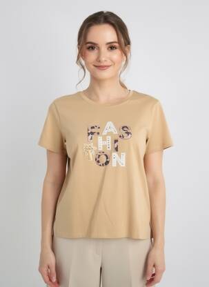 T-shirt sérigraphie avec strass manches courtes beige ANANKE femme