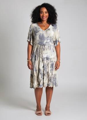 Robe mi-longue tissage crêpe manches courtes gris LAUREN VIDAL femme