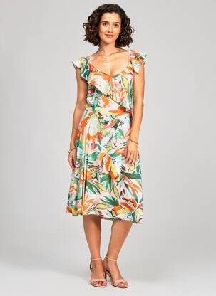Robe mi-longue imprimé fleurs manches courtes vert PAUL BRIAL femme