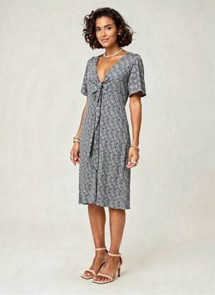 Robe mi-longue imprimé fantaisie manches courtes bleu POUSSIERE D'ETOLE femme
