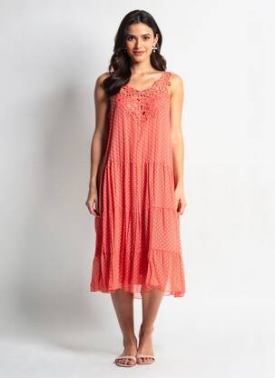 Robe mi-longue coupe fluide sans manche rouge ANDAMIO femme