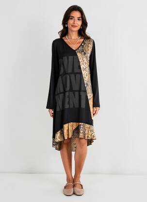 Robe mi-longue manches longues manches longues noir POUSSIERE D'ETOLE femme