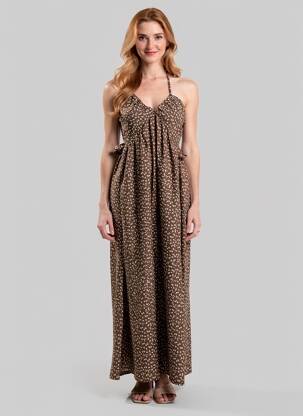 Robe longue manches dos nu fines bretelles marron MADE IN ITALY femme