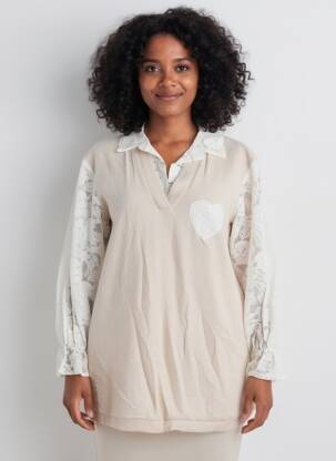 Tunique manches longues col chemisier beige NEW COLLECTION femme
