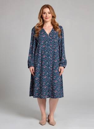 Robe mi-longue imprimé fleurs manches longues bleu ÉTYMOLOGIE femme