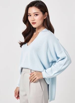 Pull col v manches longues bleu AN' GE femme