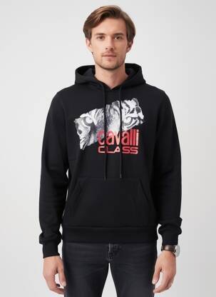 Sweat-shirt à capuche poches manches longues noir CAVALLI homme