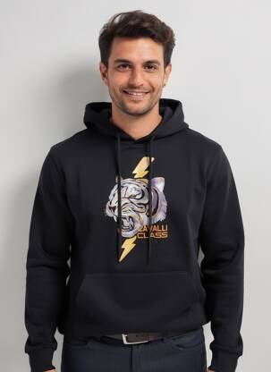 Sweat-shirt à capuche poches manches longues noir CAVALLI homme
