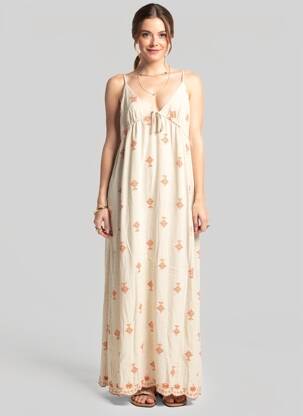 Robe longue imprimé fantaisie fines bretelles beige GRACE & MILA femme