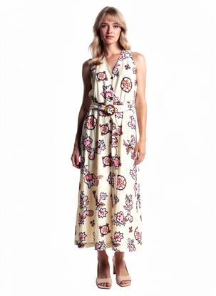 Robe longue imprimé fantaisie sans manche beige GRACE & MILA femme