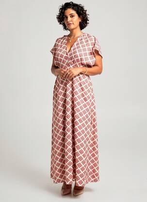 Robe longue imprimé fantaisie manches courtes rose ANGE femme