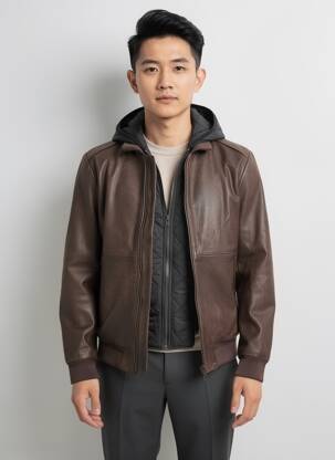 Veste en cuir poches marron IKKS homme