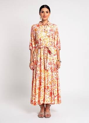 Robe longue imprimé fleurs manches 3/4 beige CREAM femme