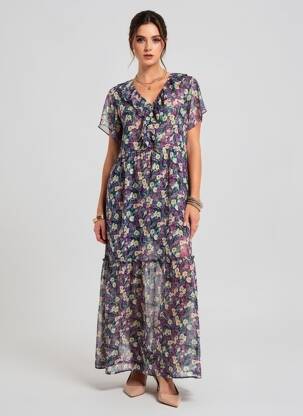 Robe longue imprimé fleurs manches courtes vert LILI & LALA femme