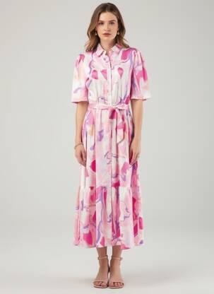 Robe longue imprimé fleurs manches courtes rose Y'COO femme