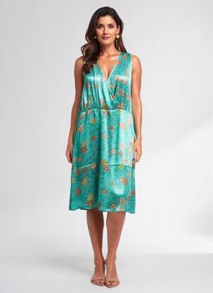 Robe mi-longue imprimé fleurs sans manche vert CREAM femme